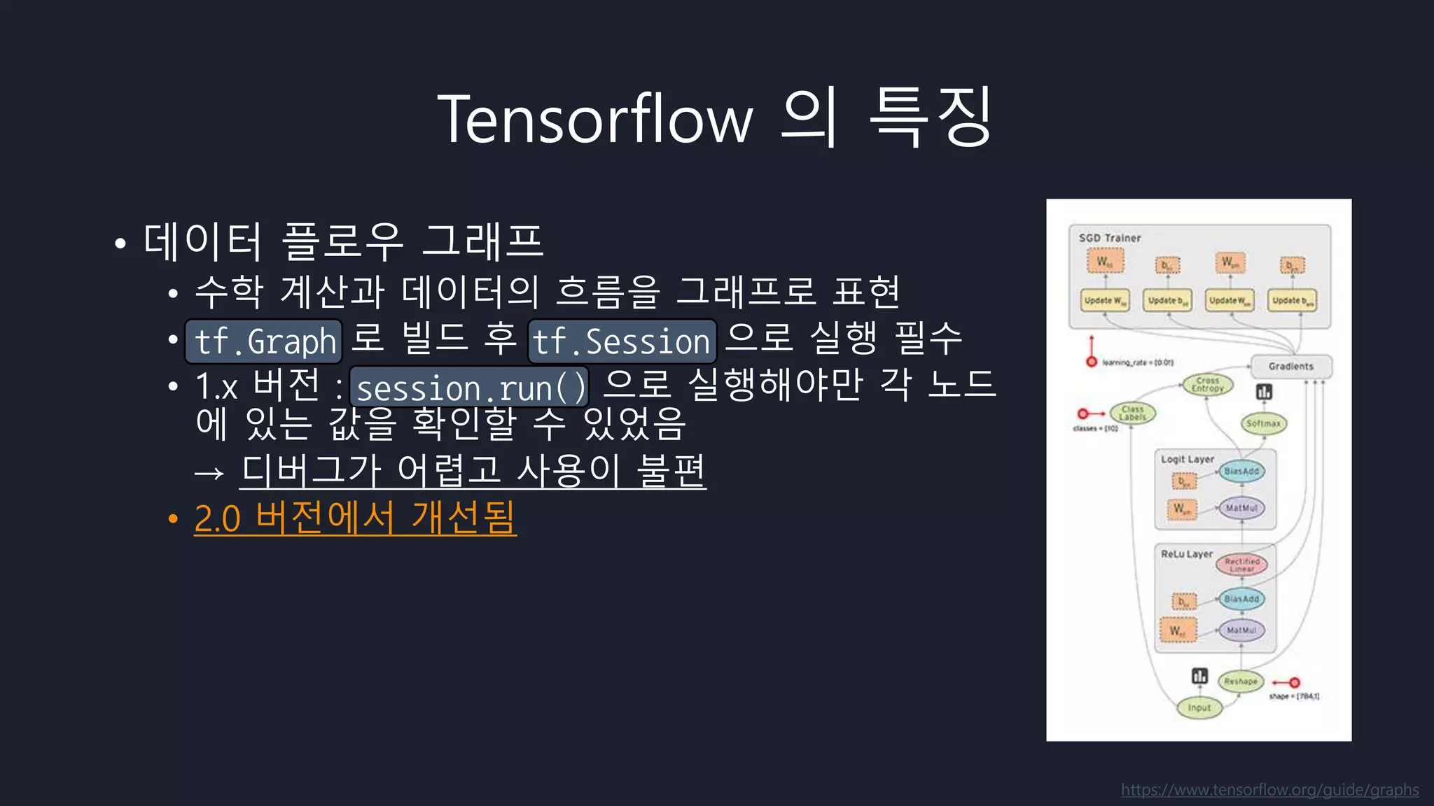 Tensorflow 의 특징
• 데이터 플로우 그래프
• 수학 계산과 데이터의 흐름을 그래프로 표현
• tf.Graph 로 빌드 후 tf.Session 으로 실행 필수
• 1.x 버전 : session.run() 으로 실행해야만 각 노드
에 있는 값을 확인할 수 있었음
→ 디버그가 어렵고 사용이 불편
• 2.0 버전에서 개선됨
https://www.tensorflow.org/guide/graphs
 