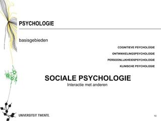 PSYCHOLOGIE

basisgebieden
                                              COGNITIEVE PSYCHOLOGIE

                                           ONTWIKKELINGSPSYCHOLOGIE

                                         PERSOONLIJKHEIDSPSYCHOLOGIE

                                                KLINISCHE PSYCHOLOGIE




           SOCIALE PSYCHOLOGIE
                Interactie met anderen




                                                                    10
 