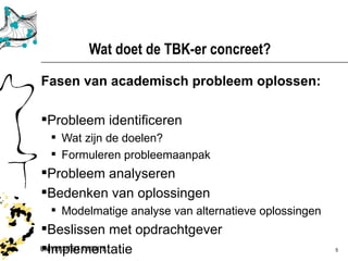 Wat doet de TBK-er concreet?

Fasen van academisch probleem oplossen:

Probleem identificeren
  Wat zijn de doelen?
  Formuleren probleemaanpak
Probleem analyseren
Bedenken van oplossingen
  Modelmatige analyse van alternatieve oplossingen
Beslissen met opdrachtgever
Implementatie                                        5
 