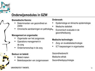 Onderwijsmodules in GZW
Biomedische Kennis:                       Onderzoek:
    Determinanten van gezondheid en       Epidemiologe en klinische epidemiologie
     ziekte                                Medische statistiek
    Chronische aandoeningen en pathologie Economisch evaluatie in de
                                              gezondheidszorg
Management en organisatie:
   Organisatie van het zorgproces
                                          Medische technologie:
   Operations management in
                                           Zorg- en revalidatietechnologie
     de zorg
                                           ICT toepassingen in organisaties
   Ondernemerschap in de zorg

Bestuur en beleid:                        Gezondheidsrecht
   Beleid maken                          Medische ethiek
   Beleidsaspecten van zorgprocessen     Gezondheidspsychologie


                                                                                      14
 