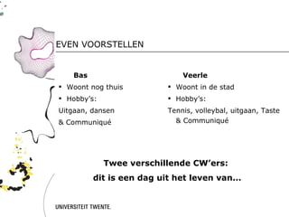 EVEN VOORSTELLEN


    Bas                        Veerle
 Woont nog thuis           Woont in de stad
 Hobby’s:                  Hobby’s:
Uitgaan, dansen            Tennis, volleybal, uitgaan, Taste
& Communiqué                 & Communiqué




             Twee verschillende CW’ers:
          dit is een dag uit het leven van...
 