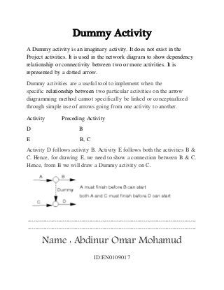 Dummy Activity
A Dummy activity is an imaginary activity. It does not exist in the
Project activities. It is used in the network diagram to show dependency
relationship or connectivity between two or more activities. It is
represented by a dotted arrow.
Dummy activities are a useful tool to implement when the
specific relationship between two particular activities on the arrow
diagramming method cannot specifically be linked or conceptualized
through simple use of arrows going from one activity to another.
Activity Preceding Activity
D B
E B, C
Activity D follows activity B. Activity E follows both the activities B &
C. Hence, for drawing E, we need to show a connection between B & C.
Hence, from B we will draw a Dummy activity on C.
---------------------------------------------------------------------------------------
---------------------------------------------------------------------------------------
Name : Abdinur Omar Mohamud
ID:EN0109017
 