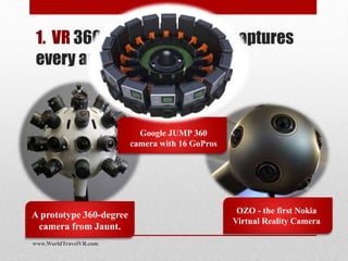 1. VR 360° Spherical Video captures
every angle at once
A prototype 360-degree
camera from Jaunt.
OZO - the first Nokia
Virtual Reality Camera
Google JUMP 360
camera with 16 GoPros
www.WorldTravelVR.com
 