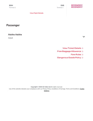 Air India Dummy Flight Ticket Sample PDF