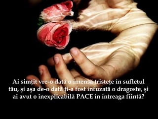 Ai simţit vre-o dată o imensă tristeţe în sufletul
tău, şi aşa de-o dată ţi-a fost infuzată o dragoste, şi
ai avut o inexplicabilă PACE în întreaga fiintă?
 