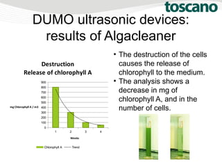 DUMO ultrasonic devices:
results of Algacleaner
●
The destruction of the cells
causes the release of
chlorophyll to the medium.
●
The analysis shows a
decrease in mg of
chlorophyll A, and in the
number of cells.
1 2 3 4
0
100
200
300
400
500
600
700
800
900
Destruction
Release of chlorophyll A
Chlorophyll A Trend
Weeks
mg Chlorophyll A / m3
 