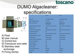 DUMO Algacleaner:
specificationsAC 180 AC 60
Power AC 110-230VAC / 24VDC 110-230VAC / 24VDC
Power voltage frequency 50 / 60 Hz 50 / 60 Hz
Power consumption Average: 80 W
Max.:130 W
Average: 60 W
Max.: 90 W
Operation temperature range -10º to +70º C (14º to 158º F) -10º to +70º C (14º to 158º F)
Average reach 180m 60m
Operation basis (double core) Multi-frequency (automatic) Multi-frequency (automatic)
Overvoltage protection YES YES
Operation indicator LEDs in float and control box LEDs in float and control box
Programmable timer ON / OF YES (by default) YES (by default)
Preset programs YES (by default) YES (by default)
Operation periods configuration YES (by default) YES (by default)
Control box protections YES YES
Cable protections YES YES
Sensor protections YES YES
Emission angle 168º 168º
Environmental protection IP55 (box) IP55 (box)
CE approval 61000-6-3 61000-6-3
Weight 7.3 kg 7.2 kg
A) Float
B) User manual
C) Control box
D) Transducer and cable
E) Stainless steel
anchorage
F) Fixing clamps
 