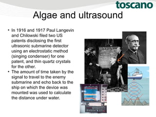 Algae and ultrasound
●
In 1916 and 1917 Paul Langevin
and Chilowski filed two US
patents disclosing the first
ultrasonic submarine detector
using an electrostatic method
(singing condenser) for one
patent, and thin quartz crystals
for the other.
●
The amount of time taken by the
signal to travel to the enemy
submarine and echo back to the
ship on which the device was
mounted was used to calculate
the distance under water.
 