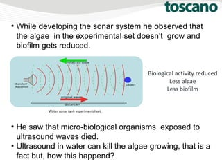 ●
He saw that micro-biological organisms exposed to
ultrasound waves died.
●
Ultrasound in water can kill the algae growing, that is a
fact but, how this happend?
Water sonar tank experimental set
●
While developing the sonar system he observed that
the algae in the experimental set doesn’t grow and
biofilm gets reduced.
Biological activity reduced
Less algae
Less biofilm
 