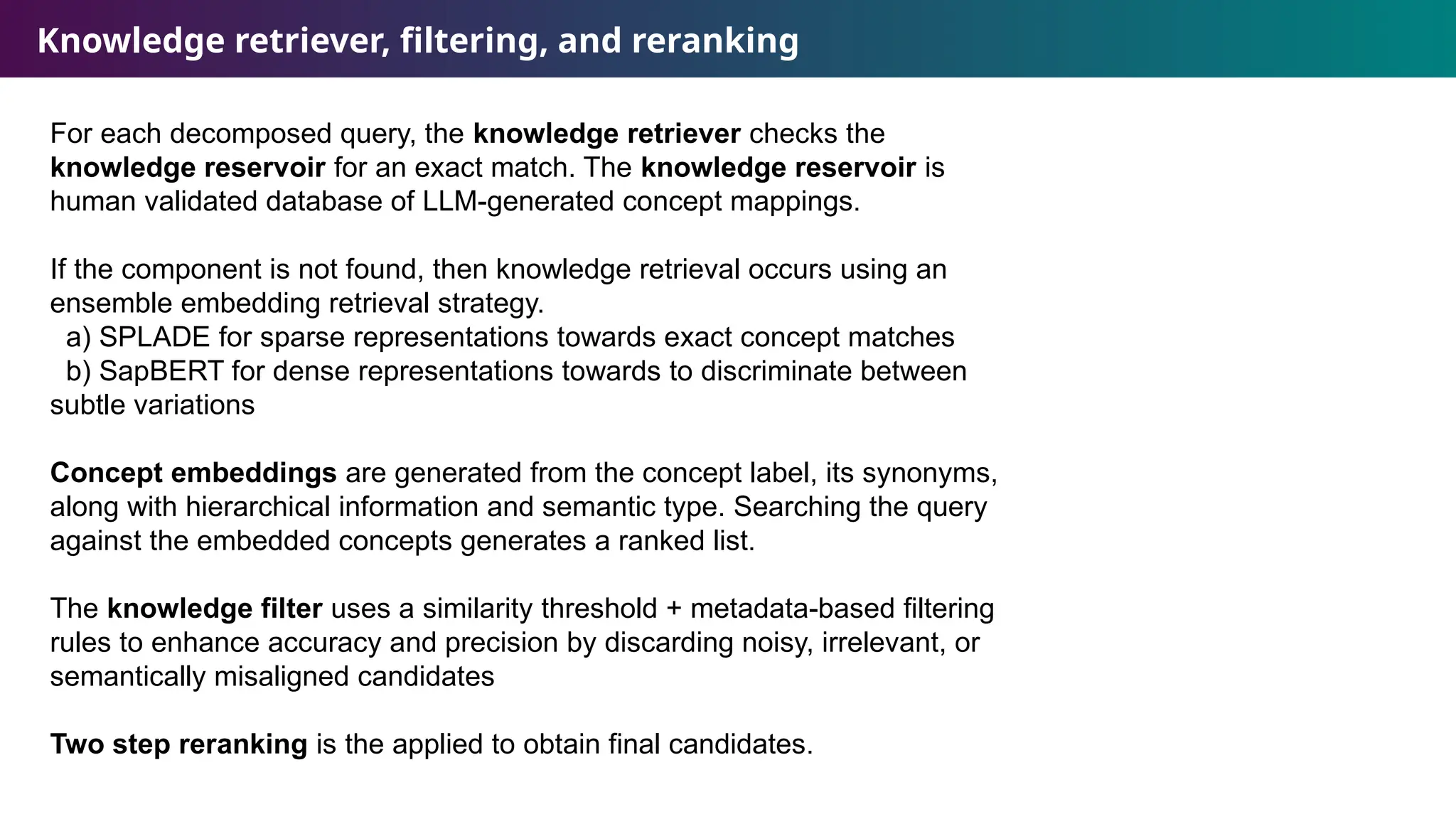 Knowledge retriever, filtering, and reranking
For each decomposed query, the knowledge retriever checks the
knowledge reservoir for an exact match. The knowledge reservoir is
human validated database of LLM-generated concept mappings.
If the component is not found, then knowledge retrieval occurs using an
ensemble embedding retrieval strategy.
a) SPLADE for sparse representations towards exact concept matches
b) SapBERT for dense representations towards to discriminate between
subtle variations
Concept embeddings are generated from the concept label, its synonyms,
along with hierarchical information and semantic type. Searching the query
against the embedded concepts generates a ranked list.
The knowledge filter uses a similarity threshold + metadata-based filtering
rules to enhance accuracy and precision by discarding noisy, irrelevant, or
semantically misaligned candidates
Two step reranking is the applied to obtain final candidates.
 