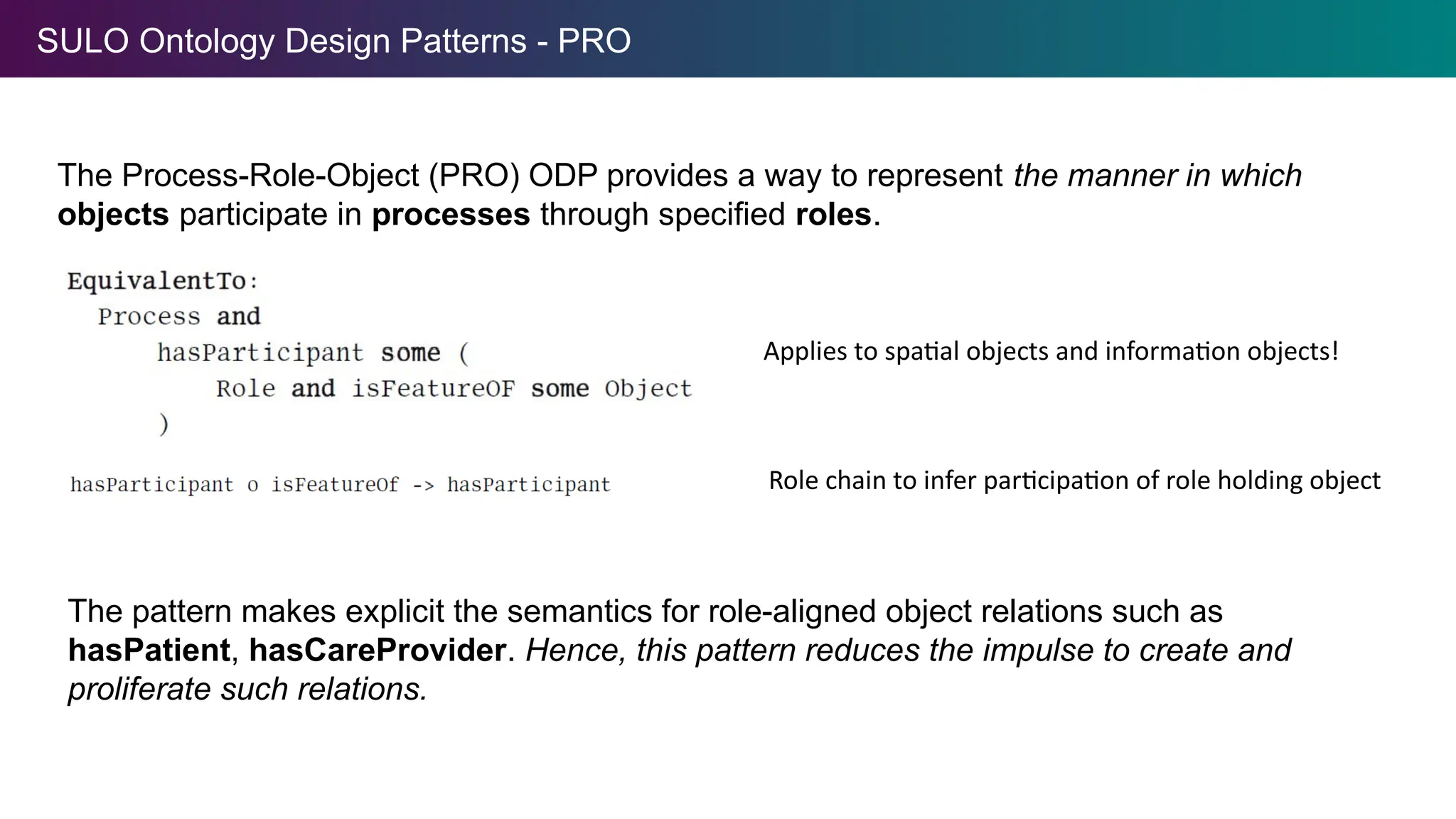 SULO Ontology Design Patterns - PRO
The Process-Role-Object (PRO) ODP provides a way to represent the manner in which
objects participate in processes through specified roles.
Applies to spatial objects and information objects!
Role chain to infer participation of role holding object
The pattern makes explicit the semantics for role-aligned object relations such as
hasPatient, hasCareProvider. Hence, this pattern reduces the impulse to create and
proliferate such relations.
 