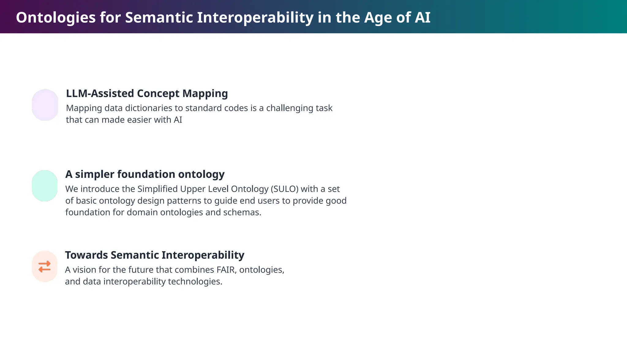 Ontologies for Semantic Interoperability in the Age of AI
LLM-Assisted Concept Mapping
Mapping data dictionaries to standard codes is a challenging task
that can made easier with AI
A simpler foundation ontology
We introduce the Simplified Upper Level Ontology (SULO) with a set
of basic ontology design patterns to guide end users to provide good
foundation for domain ontologies and schemas.
Towards Semantic Interoperability
A vision for the future that combines FAIR, ontologies,
and data interoperability technologies.
 