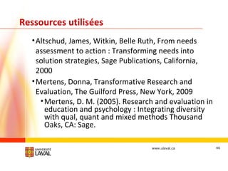 Ressources utilisées <ul><li>Altschud, James, Witkin, Belle Ruth, From needs assessment to action : Transforming needs int...