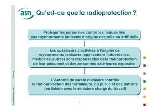 Connaissance de l’ASN Juin 2014 
Qu’est-ce que la radioprotection ? 
Protéger les personnes contre les risques liés 
aux rayonnements ionisants d’origine naturelle ou artificielle 
Les opérateurs d’activités à l’origine de 
rayonnements ionisants (applications industrielles, 
médicales, autres) sont responsables de la radioprotection 
de leur personnel et des personnes extérieures exposées 
L’Autorité de sûreté nucléaire contrôle 
la radioprotection des travailleurs, du public et des patients 
(en liaison avec le ministère chargé du travail) 
4 
 