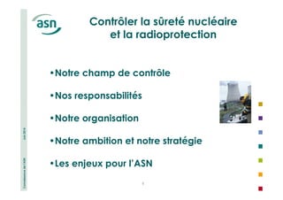Connaissance de l’ASN Juin 2014 
Contrôler la sûreté nucléaire 
et la radioprotection 
•Notre champ de contrôle 
5 
•Nos responsabilités 
•Notre organisation 
•Notre ambition et notre stratégie 
•Les enjeux pour l’ASN 
 