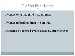 For Wet Plant Dump
 Average weighing time: 1.50 minutes
 Average unloading time: 1.78 minute
 Average observed cycle time: 32.35 minutes
 
