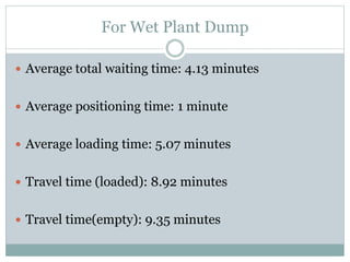 For Wet Plant Dump
 Average total waiting time: 4.13 minutes
 Average positioning time: 1 minute
 Average loading time: 5.07 minutes
 Travel time (loaded): 8.92 minutes
 Travel time(empty): 9.35 minutes
 