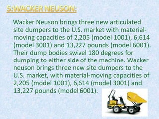 Wacker Neuson brings three new articulated
site dumpers to the U.S. market with material-
moving capacities of 2,205 (model 1001), 6,614
(model 3001) and 13,227 pounds (model 6001).
Their dump bodies swivel 180 degrees for
dumping to either side of the machine. Wacker
neuson brings three new site dumpers to the
U.S. market, with material-moving capacities of
2,205 (model 1001), 6,614 (model 3001) and
13,227 pounds (model 6001).
 