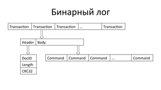 Бинарный	
  лог	
  
Transacson	
   Transacson	
   Transacson	
   …	
   Transacson	
  
Header	
   Body	
  
DocID	
  
Length	
  
CRC32	
  
Command	
   Command	
   Command	
   …	
   Command	
  
 