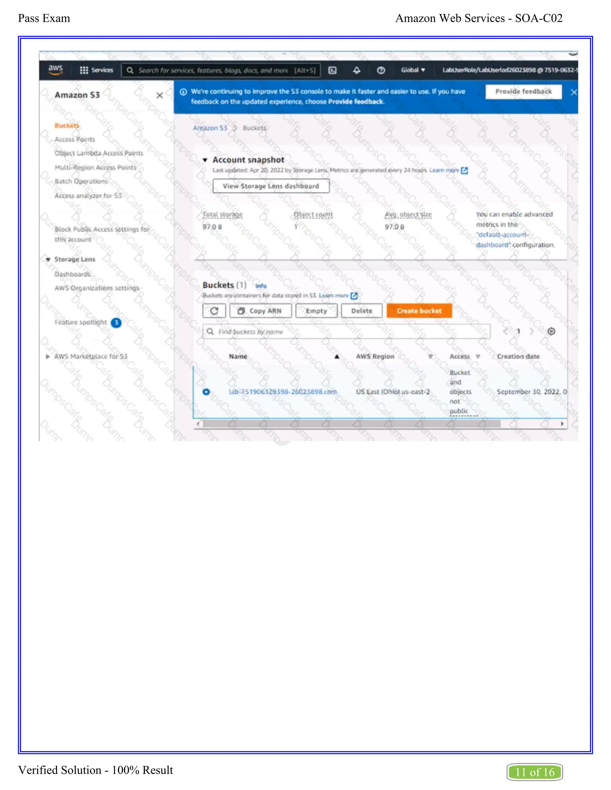 Amazon Web Services - SOA-C02
Pass Exam
11 of 16
Verified Solution - 100% Result
 