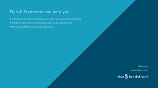 Dun & Bradstreet can help you…
• Advance the relationships with the most potential upside
• Reduce the tension between risk and opportunity
• Bring together disconnected data
@dnbus
www.dnb.com
 