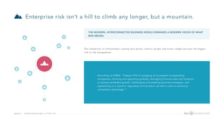 The complexity of relationships—among data points, entities, people and teams—might just pose the biggest
risk to risk management.
Enterprise risk isn’t a hill to climb any longer, but a mountain.
According to KPMG, “Today’s CFO is managing an ecosystem of expanding
complexity—thinking and operating globally, leveraging financial data and analytics
to achieve profitable growth, challenging and enabling business strategies, and
capitalizing on a dynamic regulatory environment—all with a view to achieving
competitive advantage.”1
Source: 1 - "A View From the Top" by KPMG, 2016.
THE MODERN, INTERCONNECTED BUSINESS WORLD DEMANDS A MODERN VISION OF WHAT
RISK MEANS.
 