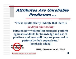 Attributes Are Unreliable
          Predictors …
  “These results clearly indicate that there is
              no direct relationship
 between how well project managers perform 
 against standards for knowledge and use of 
 practices, and how well they are perceived to 
         perform by their supervisors.”
               [emphasis added]
Knowledge
Assessment
                   IJPM, Crawford et al., 2005
                                                 8
 