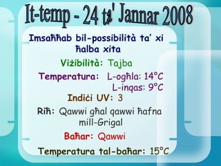 It-temp - 24 ta' Jannar 2008 Temperatura t a l - baħar:   15 °C Imsaħħab bil-possibilità ta’ xi  ħalba xita Viżibilità:  Tajba Temperatura:   L-og ħ la:  14 °C   L-inqas:  9 °C Indiċi UV:  3 Riħ:   Qawwi għal  qawwi  ħafna  mill- Grigal Baħar:  Qawwi 