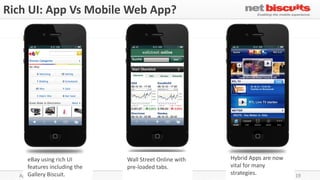 Rich UI: App Vs Mobile Web App?




     eBay using rich UI       Wall Street Online with    Hybrid Apps are now
     features including the   pre-loaded tabs.           vital for many
     Gallery Biscuit.
  April 12, 2011               © Netbiscuits GmbH 2011   strategies.           19
 
