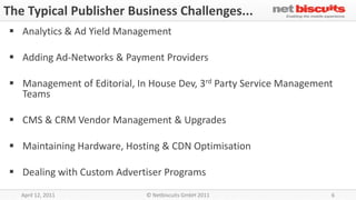 The Typical Publisher Business Challenges...
 Analytics & Ad Yield Management

 Adding Ad-Networks & Payment Providers

 Management of Editorial, In House Dev, 3rd Party Service Management
  Teams

 CMS & CRM Vendor Management & Upgrades

 Maintaining Hardware, Hosting & CDN Optimisation

 Dealing with Custom Advertiser Programs
   April 12, 2011            © Netbiscuits GmbH 2011                6
 