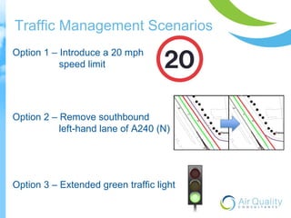 Traffic Management Scenarios 
Option 1 – Introduce a 20 mph 
speed limit 
Option 2 – Remove southbound 
left-hand lane of A240 (N) 
Option 3 – Extended green traffic light 
 