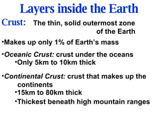 Layers inside the Earth Crust: The thin, solid outermost zone  of the Earth Makes up only 1% of Earth’s mass Oceanic Crust:  crust under the oceans Only 5km to 10km thick Continental Crust:  crust that makes up the continents 15km to 80km thick Thickest beneath high mountain ranges 