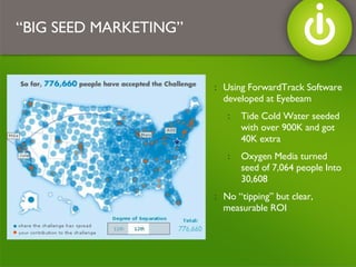 Using ForwardTrack Software developed at Eyebeam Tide Cold Water seeded with over 900K and got 40K extra Oxygen Media turned seed of 7,064 people Into 30,608  No “tipping” but clear, measurable ROI “ BIG SEED MARKETING” 