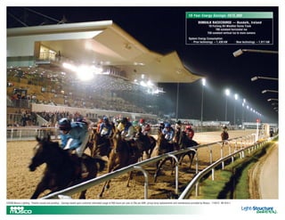 10-Year Energy Savings: €675,000
                                                                                                                                                                                     DUNDALK RACECOURSE — Dundalk, Ireland
                                                                                                                                                                                               10-Furlong All-Weather Horse Track
                                                                                                                                                                                                    700 constant horizontal lux
                                                                                                                                                                                              750 constant vertical lux to main camera
                                                                                                                                                                            System Energy Consumption:
                                                                                                                                                                              · Prior technology – 1,430 kW            · New technology – 1,017 kW




©2008 Musco Lighting · Patents issued and pending. · Savings based upon customer estimated usage of 500 hours per year at 20¢ per kWh, group lamp replacements and maintenance provided by Musco · 110574 · BP-910-1
 