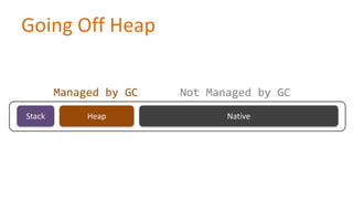 Going Off Heap
Managed by GC
Stack

Heap

Not Managed by GC
Native

 