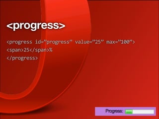 <progress>
<progress id=”progress” value=”25” max=”100”>
<span>25</span>%
</progress>
 