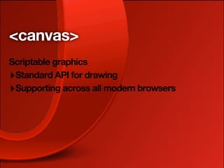 <canvas>
Scriptable graphics
‣ Standard API for drawing
‣ Supporting across all modern browsers
 