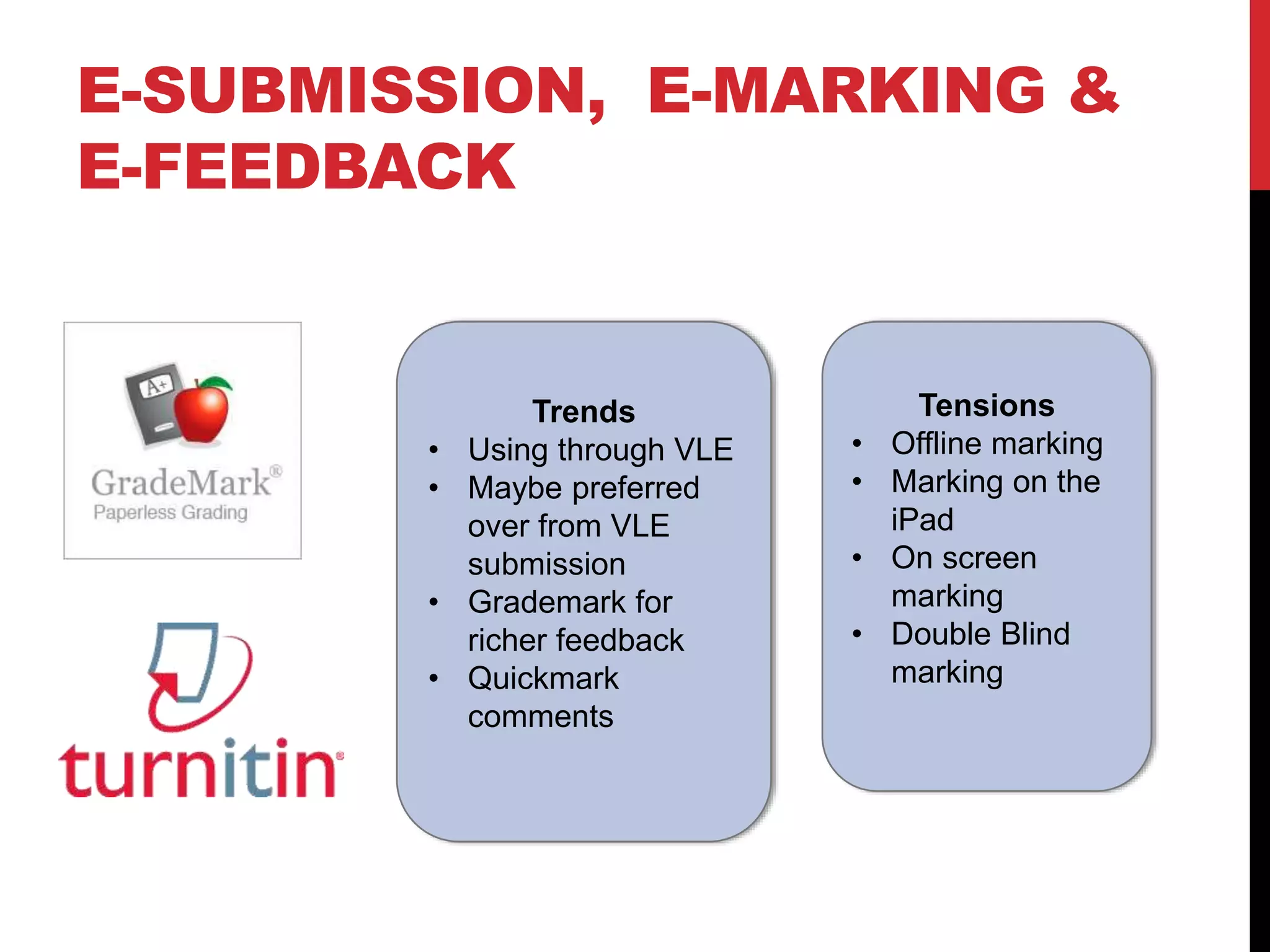 E-SUBMISSION, E-MARKING & 
E-FEEDBACK 
Tensions 
• Offline marking 
• Marking on the 
iPad 
• On screen 
marking 
• Double Blind 
marking 
Trends 
• Using through VLE 
• Maybe preferred 
over from VLE 
submission 
• Grademark for 
richer feedback 
• Quickmark 
comments 
 