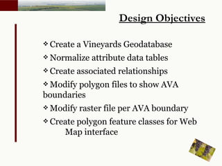 Create a Vineyards Geodatabase  Normalize attribute data tables Create associated relationships Modify polygon files to show AVA  boundaries  Modify raster file per AVA boundary Create polygon feature classes for Web  Map interface Design Objectives 