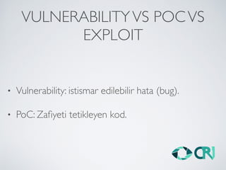VULNERABILITYVS POCVS
EXPLOIT
• Vulnerability: istismar edilebilir hata (bug).
• PoC: Zaﬁyeti tetikleyen kod.
 