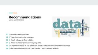 Recommendations
Data Collection
01 | Monthly collection of data
02 | Travel information for employees
03 | Yearly mileage for fleet vehicles
04 | Waste characterization and recycling data
05 | Cooperation across all city operations for data collection and comprehensive change
06 | Use the Community track in ClearPath for a more complete analysis
 