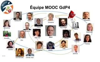 Équipe MOOC GdP4
Rémi
Ghislaine
Bich Van
Paul-André
Élodie
Julie
Bruno
Françoise Maelle
…
Yannick
Fabien
Jérémie
Eric
Isabelle
July
Thierry
Chinda “keo”Emmanuelle
Sébastien
Stéphanie
Thérèse
Guillaume
Amandine
Solveig
Amaury
 