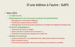 D’une édition à l’autre : GdP5
• Mars 2015
– 17.500 inscrits
– Développement de 3 nouveaux modules de spécialisation
• Management visuel (Pierre Mongin)
• Planification avancée (Bruno Warin)
• Management humain de projet et gestion du changement (Stéphanie Delpeyroux)
– Chantiers pédagogiques
• Traduction de cours en anglais
• Direct enrichis (« question de la semaine »)
• Évolution du parcours par équipe vers le GdP-Lab
– Modèle économique
• Licences seules pour une réutilisation des vidéos dans d’autres formations
• Offre entreprise revue
• Financement participatif : Bourse au mérite pour les examens surveillés.
 