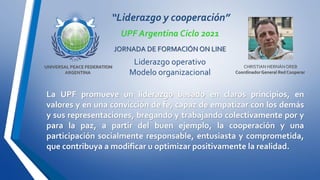 La UPF promueve un liderazgo basado en claros principios, en
valores y en una convicción de fe, capaz de empatizar con los demás
y sus representaciones, bregando y trabajando colectivamente por y
para la paz, a partir del buen ejemplo, la cooperación y una
participación socialmente responsable, entusiasta y comprometida,
que contribuya a modificar u optimizar positivamente la realidad.
UNIVERSAL PEACE FEDERATION
ARGENTINA
“Liderazgo y cooperación”
UPF Argentina Ciclo 2021
JORNADA DE FORMACIÓN ON LINE
Liderazgo operativo
Modelo organizacional
CHRISTIAN HERNÁNOREB
CoordinadorGeneral Red Cooperar
 