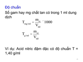 Độ chuẩn
Số gam hay mg chất tan có trong 1 ml dung
dịch
Ví dụ: Acid nitric đậm đặc có độ chuẩn T =
1,40 g/ml
Tmg/ml
=
mct
Vdd
´1000
Tg/ml
=
mct
Vdd
25
 