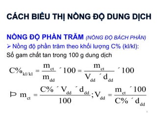 NỒNG ĐỘ PHẦN TRĂM (NỒNG ĐỘ BÁCH PHÂN)
 Nồng độ phần trăm theo khối lượng C% (kl/kl):
Số gam chất tan trong 100 g dung dịch
C%kl/kl
=
mct
mdd
´100 =
mct
Vdd
´ ddd
´100
Þ mct
=
C%´ Vdd
´ ddd
100
;Vdd
=
mct
´100
C%´ddd
3
 