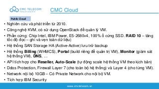 www.cmctelecom.vn
• Nghiên cứu và phát triển từ 2010.
• Công nghệ KVM, có sử dụng OpenStack để quản lý VM.
• Phần cứng: Ch...
