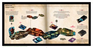 381x186mm 3 sheets folded to 190.5 mm x 186 mm and stapled to 12 pg booklet 4C2S full bleed
 Chaque plateau de donjon s’accompagne
d’un deck Aventure unique. Mélangez le
deck Aventure affichant la même icône
que le premier plateau de donjon et
chargez-le dans le porte-cartes.
Placez le dé de MD à 10 faces (noir) et
le curseur de dégâts pour les cartes de
monstre sur le porte-cartes.. Posez le
porte-cartes devant le joueur le plus âgé
pour commencer.
Mélangez le deck Objet et placez-le près de
la zone de jeu. À côté, formez une pile avec
les jetons de pièces d’or. Vous récupérerez
de l’or en cours de jeu.
Embranchez les trois plateaux de donjon
restants dans n’importe quel ordre, puis
reliez-les au plateau de donjon du Boss.
 Triez les trois cartes Gardien du Boss choisi selon leur
numéro. (Vous n’aurez pas besoin des autres cartes Gardien
de Boss durant cette partie.)
Placez la carte Gardien portant le numéro 1
1sur la table,
face image visible, à côté de la case de gardien du premier
plateau de donjon. Placez la carte Gardien numéro 2
2à côté
de la case de gardien du deuxième plateau,
et la numéro 3
3à côté de la case de gardien
du troisième plateau.
5
5
6
6
4
4
3
3
2
2
6 7
MISE EN PLACE
2. Assemblez le plateau
VOUS
COMMENCEZ ICI
Carte
Gardien1
Une fois votre aventure choisie, insérez la fiche
de Boss dans le socle de boss noir et placez-le
sur le plateau de donjon associé, à l’une des
extrémités de la table. Il doit se trouver sur la
dernière case du plateau, celle du gardien.
1
1
Carte
Gardien2
Carte
Gardien3
 