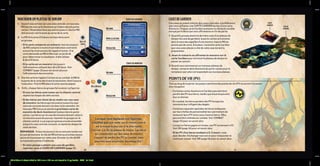 381x186mm 3 sheets folded to 190.5 mm x 186 mm and stapled to 12 pg booklet 4C2S full bleed
Carte de scénario
Carte de monstre
Histoire
Histoire
Appel à l’action
Résolution
Résolution
case de
gardien
Dé à 10
faces
Dé à 20faces
carte
gardien
10 11
CASES DE GARDIEN
Ces cases se jouent comme des cases centrales, à la différence
que vous utiliserez une CARTE GARDIEN au lieu d’une carte
Aventure. Chaque carte Gardien présente un obstacle nuisible
envoyé par le Boss que vous affronterez en fin de partie.
1.	Quand le groupe atteint la dernière case d’un plateau de
donjon (la case de gardien), le porte-cartes se transmet
dans le sens des aiguilles d’une montre, mais le MD ne
pioche pas de carte. À la place, il prend la carte Gardien
que vous avez placée à côté de cette case durant la
préparation.
2.Jouez le scénario ou affrontez le monstre sur la
carte Gardien pour terminer le plateau de donjon et
passer au suivant.
3.Quand vous commencez un nouveau plateau de
donjon, sortez le deck Aventure du porte-cartes pour le
remplacer par celui correspondant au nouveau plateau.
PARCOURIR UN PLATEAU DE DONJON
1.	Quand vous arrivez sur une case centrale, un nouveau
MD pioche une carte Aventure qu’il place dans le porte-
cartes, l’illustration face aux autres joueurs. Seul le MD
doit pouvoir voir le texte au verso de la carte.
2.	
Le MD lit le texte d’histoire en haut de la carte
au groupe.
• 
Si la carte comporte un scénario, tous les joueurs
(le MD compris à moins d’une indication contraire)
suivent les instructions de l’appel à l’action. Si la
carte demande au MD d’effectuer un jet de dé
pour déterminer la résolution, il doit utiliser
le dé à 10 faces.
• 
Si la carte est un monstre, les joueurs
l’affrontent en utilisant leur dé à 20 faces. Voir
COMBAT (page 12) pour en savoir plus sur
l’affrontement des monstres.
3.	
Une fois achevé l’appel à l’action ou au combat, le MD lit
la partie de la carte décrivant la résolution, dont il assure
l’exécution. Puis le MD place la carte sous le paquet.
4. 
Enfin, chaque héros du groupe fait avancer sa figurine.
• 
Si tous les héros sont restés sur le chemin central,
répétez les étapes de cette section.
• 
Si des héros ont choisi de se rendre sur une case
de monstre, les héros qui ont avancé jusqu’à la case
centrale suivante doivent s’arrêter et les attendre. Un
nouveau MD trouve et pioche la prochaine carte de
monstre du deck Aventure et la place dans le porte-
cartes. Les héros sur la case de monstre doivent vaincre
ce monstre avant de pouvoir rejoindre le groupe sur le
chemin central. Le groupe progresse ensuite ensemble
jusqu’à la case centrale suivante, et répète les étapes de
cette section.
	REMARQUE : Si tous les joueurs ne se sont pas rendus sur
la case de monstre, le rôle de MD échoit au prochain joueur
qui ne se trouve pas sur cette case. Ensuite, le rôle de MD
se transmet comme d’habitude.
• 
Si votre groupe a atteint une case de gardien,
reportez-vous à CASES DE GARDIEN (page 11).
Lorsque vous déplacez vos figurines,
n’oubliez pas que rester sur le chemin central
est le moyen le plus sûr et le plus rapide
d’arriver à la fin du plateau de donjon. Les héros
qui s’aventurent sur des cases de monstre
risquent de perdre des PV au combat, mais
pourront aussi accumuler davantage d’or !
POINTS DE VIE (PV)
Tout au long de la partie, les joueurs perdront des points de vie (PV) et auront l’occasion
d’en récupérer.
• Certaines cartes Aventure et Gardien peuvent faire
perdre des PV aux héros, tandis que d’autres peuvent
leur en donner.
• En combat, les héros perdent des PV lorsque les
monstres leur infligent des dégâts.
• Certaines capacités spéciales de héros (indiquées
sur leurs fiches de personnalité) leur permettent de
restaurer leurs PV et/ou ceux d’autres héros. Elles
peuvent être utilisées en combat. Voir COMBAT
(page 12) pour en savoir plus.
• Lorsqu’un héros gagne un niveau, ses PV reviennent à 10.
Voir OR (page 14) pour en savoir plus.
• Si les PV d’un héros tombent à 0, il meurt, mais
peut décider d’échanger tout son or pour ressusciter et
continuer à jouer. Voir OR (page 14) pour en savoir plus.
 