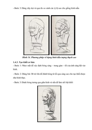 - Bước 3: Dùng dây dọi và que đo so sánh các tỷ lệ sao cho giống hình mẫu
Hình 14. Phương pháp vẽ dựng hình đầu tượng thạch cao
1.4.3. Tạo khối cơ bản
- Bước 1: Nheo mắt để xác định bóng sáng – trung gian – tối của ánh sáng hắt vào
hình.
- Bước 2: Dùng bút 3B trở lên để đánh bóng từ tối qua sáng sao cho tạo khối được
như hình thực.
- Bước 3: Đánh bóng tương qua giữa hình và nền để làm nổi bật khối
 